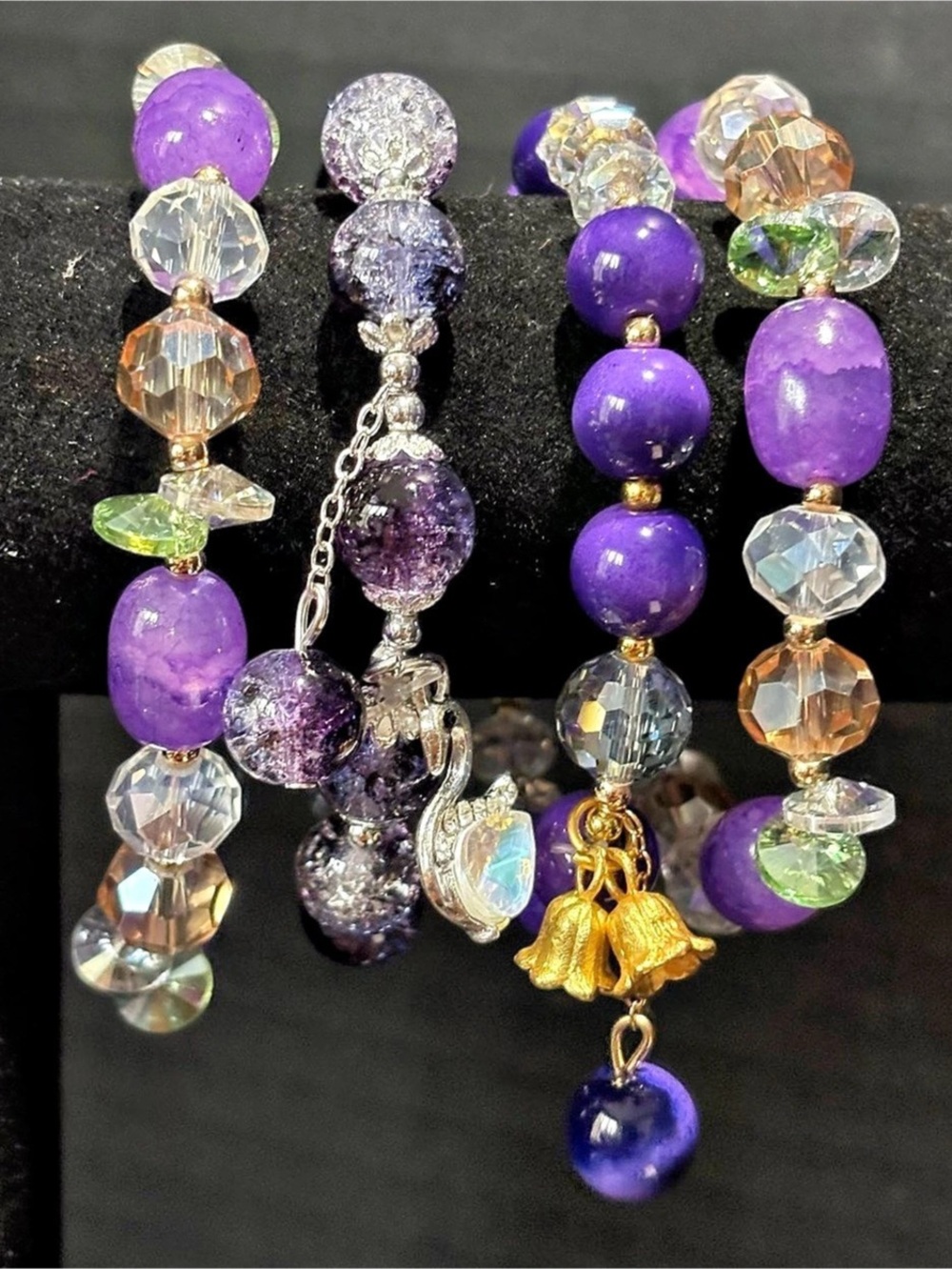 Purple & Clear Beaded Charm Bracelet Stack Like New